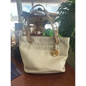 Michael Kors Leather Tote Bag Beige With Gold Charm
